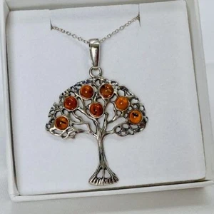 925 Sterling Silber XL Bernstein Lebensbaum Halskette Anhänger Schmuck Geschenk Box - Bild 1 von 8