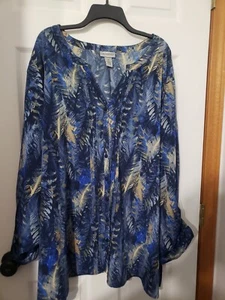 CATHERINES SIZE 5X 34/35W BLUE PLEATED ROLL-TAB LONG SLEEVES PLEATED TUNIC TOP - Picture 1 of 4
