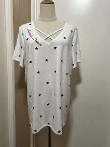 Lane Bryant Womens White Blue Stars American Dream Embroidered Cage Shirt 14/16 - Picture 1 of 6