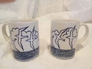 lot of 2 matching Vintage Otagiri embossed glaze mugs cups Seagulls over water - Picture 1 of 6