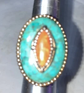 Turquoise Coral Huge Barse Sterling Silver 925 Ring Size 8 - Picture 1 of 8