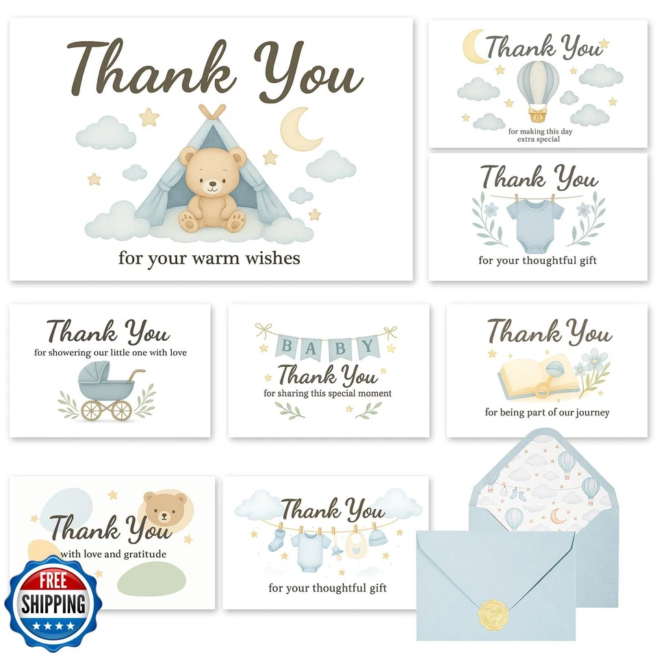 Tarjetas de agradecimiento C2U Baby Shower para niño - Paquete de 24 con sobres y Sti dorado Foto 1 de 4