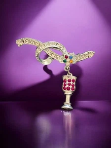 Rhinestones Glass Of Wine Ribbon Knot Dangle Star Silver Tone Brooch Pin Vintage - Picture 1 of 6