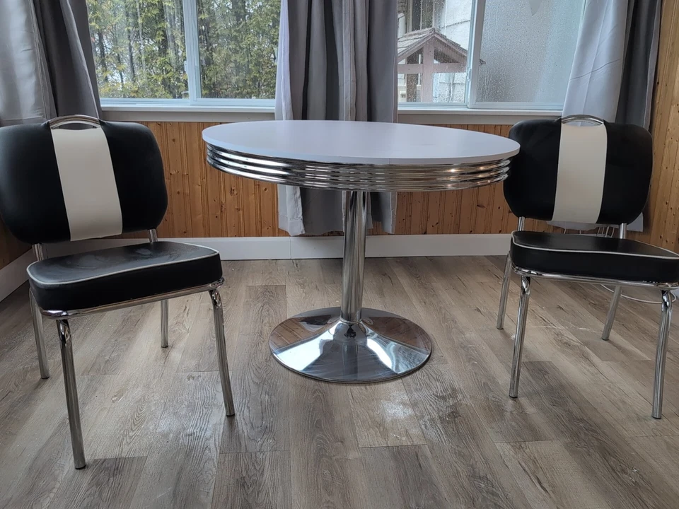 Juego de comedor retro cromado mesa redonda 2 sillas a rayas negras cocina comedor vintage Foto 1 de 1