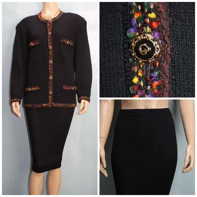 Falda Chaqueta Negra Colección St. John XL 18 16 2 piezas Traje Multicolor Borde Botones Foto 1 de 4