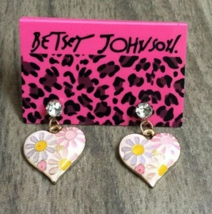 Betsey Johnson Flowered Heart Dangling Crystal Pierced Stud Earrings Brand New! - Picture 1 of 2