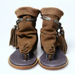 41 Women Gladiator Flat Sandals Clip Toe Bohemia Boot Tassels Fringe Suede Shoes - Picture 1 of 10