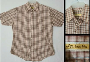 Vtg J.P. Austin Brown Plaid Poly Cotton Thin Single Stitch SS Camp Shirt (N2) - Picture 1 of 5