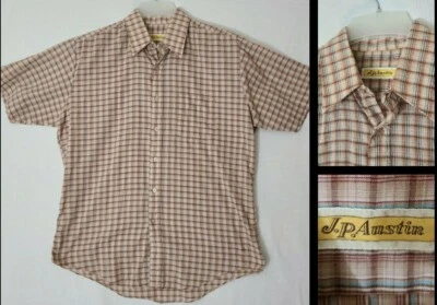 Vtg J.P. Austin Brown Plaid Poly Cotton Thin Single Stitch SS Camp Shirt (N2) - Image 1 of 4