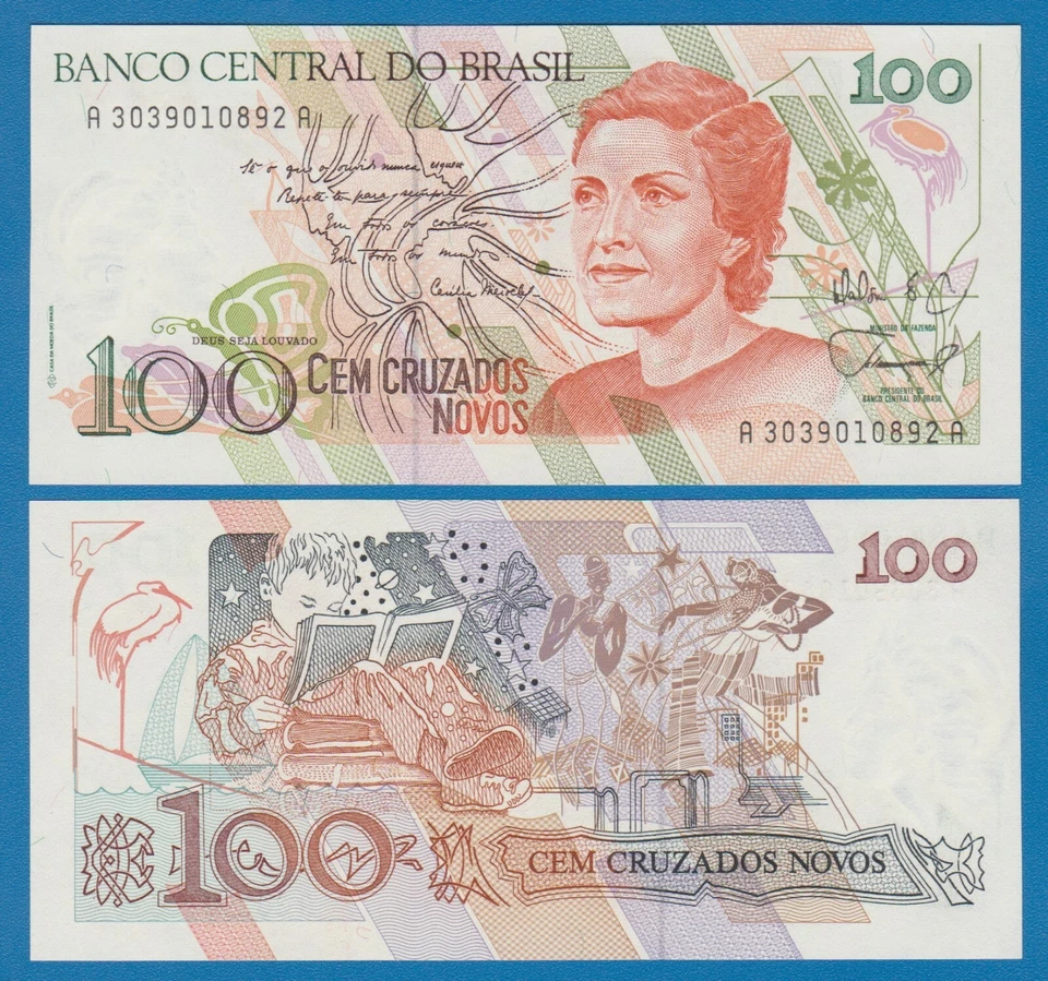 Brazil 100 Cruzados Novos UNC P 220a Signature 26 ( P 220 a ) ND 1989 - Image 1 of 1