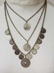 NY Co Bronze Tone Necklace 3 Tier Layers Medallion Rhinestone Statement 16"-18" - Picture 1 of 4