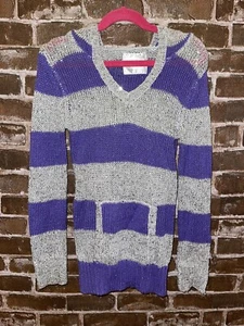 SUÉTER JUSTICE CHICAS TALLA 8 PÚRPURA GRIS RAYAS CON CAPUCHA MANGAS LARGAS TOP BRILLANTE - Imagen 1 de 4