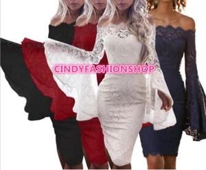 Mujeres Fuera de Hombro Mangas Largas Encaje Cuello Barra Fiesta Bodycon Vestido #P - Imagen 1 de 13