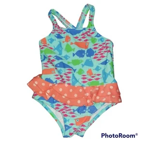 L L Bean Girls 4 Fish Print Polka Dot Ruffle Swim Suit - Picture 1 of 5