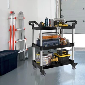 3-Tier Plastic Service Utility Cart with Wheels Commercial Rolling Cart Portable - Picture 1 of 9