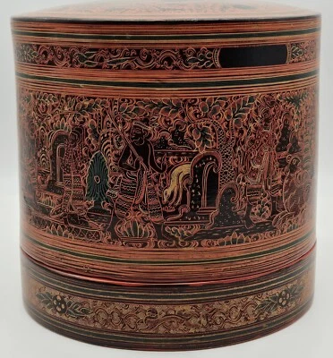 Antiguo contenedor birmano redondo lacado rojo madera tuerca betel tuerca tamaño mediano  Foto 1 de 4