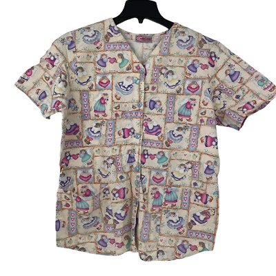 Cherokee Scrub Top Womans Size M Yellow Angels and Hearts Tie Back Button Up - Image 1 of 4