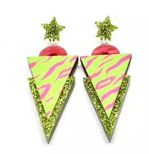 Esoteric London Wild Collection triangle dangle stud earrings zebra green pink - Picture 1 of 6
