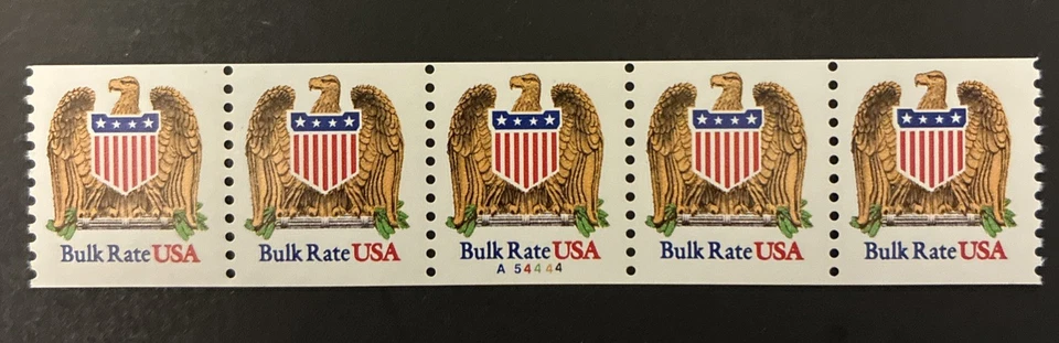US Scott, #2602 Eagle & Shield Bulk Rate, Plate #A54444, Strip of 5, MNH - Image 1 of 2