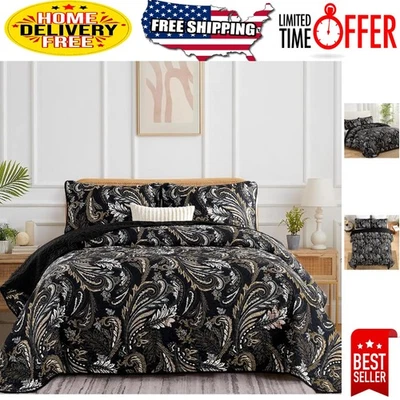 复古黑色佩斯利被子套装 - 波西米亚女王床上用品舒适 3 件套 — 第 1/4 张图片