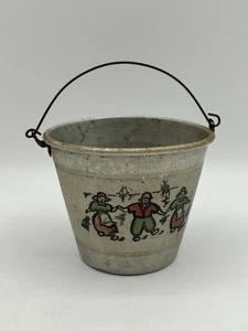 Tin Sand Pail Bucket Made In France Miniature w/ Dutch Children Green & Red 3” - Picture 1 of 13