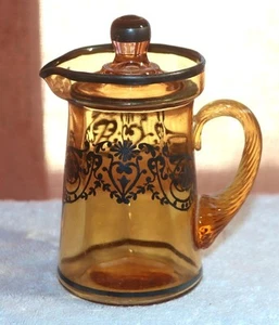 Vintage Amber Glass Pitcher W Lid STERLING SILVER Overlay Marked Sterling - Picture 1 of 6