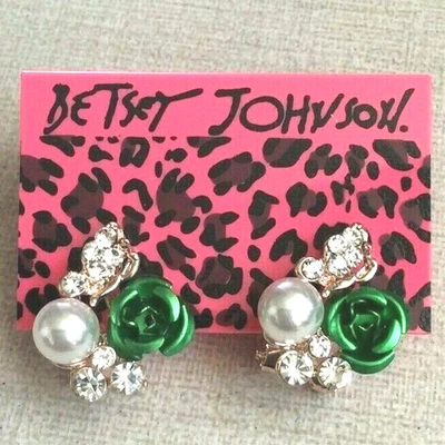 Pendientes Betsey Johnson Cristal y Perla Rosa Verde con Palanca Trasera Encantadores Nuevos Foto 1 de 3