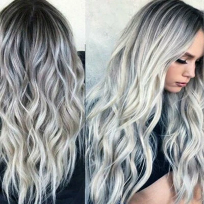 Moda Parte Media Largo Rizado Pelucos Gradiente Gris Juegos con disfraces Cabello Sintético Foto 1 de 4