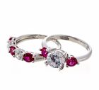 Round Ruby Accent Cubic Zirconia Three Stone Bridal Ring Set