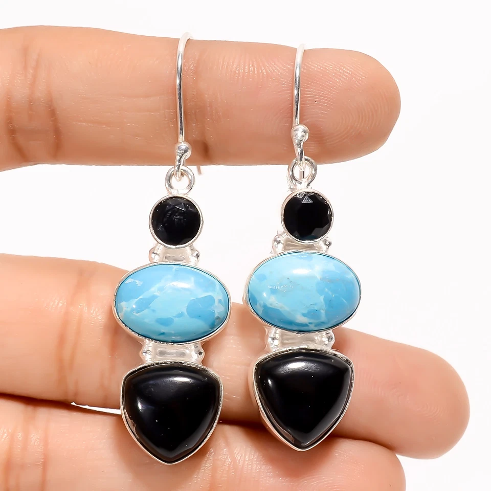 Pendientes Larimar de plata 925 con piedras preciosas de ónix negro joyería de moda 1,9" ARE-3939 Foto 1 de 1