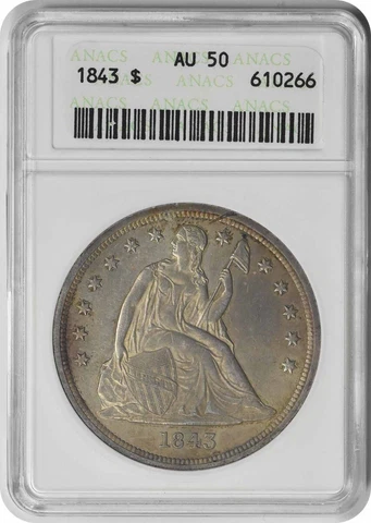 1843 Liberty Seated Silver Dollar AU50 ANACS Cover