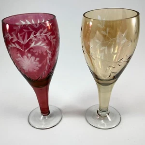 Bohemian Cut to Clear Cranberry & Gold Cocktail Glasses 6.5" Set of 2 Czech - Picture 1 of 6