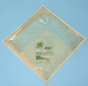 Pañuelo de lino azul recuerdo Puerto Rico pintado a mano vintage años 50 ~ Nuevo de Lote Antiguo - Imagen 1 de 6