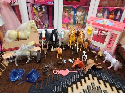 LARGE BARBIE HORSE LOT! FULL CONTAINER HORSES, TRAILER, MORE! - Image 1 of 4