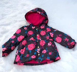 Giacca con cappuccio London Fog bambina taglia 4T viola rosa rose floreale invernale puffer - Foto 1 di 9
