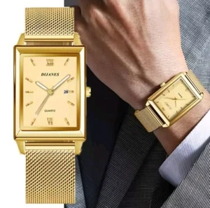 Men Golden Stylish Quartz Watch Precision Pointing Square Dial Free Shipping - Picture 1 of 5