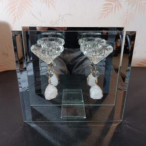 Mirrored Crystal Tea Light Candle Holder W/24K Gold Quartz Pisums - Picture 1 of 7