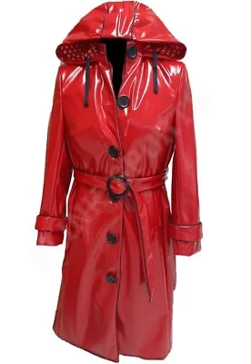 Women's Shiny PVC Hooded Raincoat Faux Leather Long Lightweight Trench Overcoats - Image 1 of 4