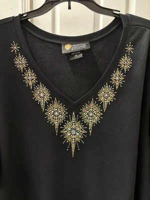 Christine Alexander vneck black shirt Size 3x Gold crystal starburst - Image 1 of 4