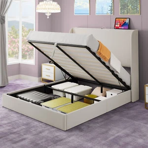 Queen Size Lift Up Storage Bed Frame Upholstered Platform with Type-C & USB Port - Picture 1 of 13