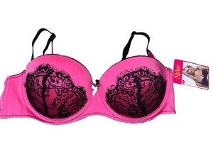 New 38c Sexy Pink Bra Black Lace Detail Push-up Padded Underwire Lingerie Spree - Picture 1 of 3