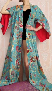 VTG Handmade L/XL Tall Belted Duster Wedding Cotton Kimono Robe Turquoise Red - Picture 1 of 2
