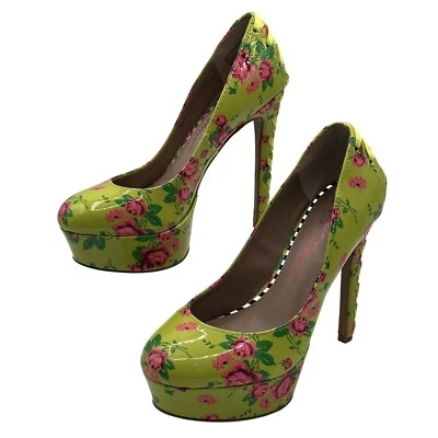 Betsey Johnson NUEVO Mujer 5M Floral Verde Tacón Alto Plataforma Bombas Cinta con Cordones Foto 1 de 4