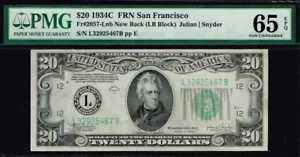 New BACK. RARE. $20 1934C San Francisco FRN. Fr. 2057-Lnb. PMG 65 EPQ - Picture 1 of 3