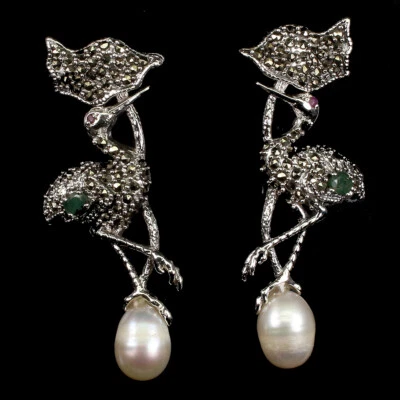 Summer 925 Silver Earrings Oval Emerald Ruby Pearl Marcasite Gemstone Jewelry - Image 1 of 4