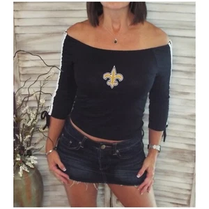 Saints Off Shoulder New Orleans Strip Tie Sleeve Semi Cropped Top Black - Picture 1 of 5
