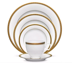 NORITAKE CHARLOTTA GOLD WHITE PORCELAIN 5-PC DINNER PLACE SETTING BRAND NEW - Picture 1 of 9