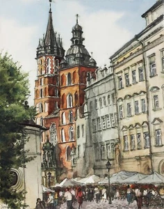 Old Town Architecture Watercolor Painting Bazylika Mariacka Krakow Poland Europe - Picture 1 of 10