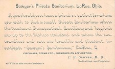 LARUE, OHIO, C. E. SAWYER'S PRIVATE SANITARIUM ADVERTISING ITEM c 1860-95