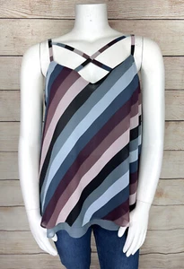 New! TORRID 1 Womens Sophie Chiffon Strappy Swing Cami Blue Pink Diagonal Stripe - Picture 1 of 9
